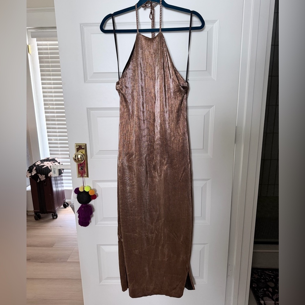 House of Harlow 1960 Metallic Bronze Backless Halter Dress